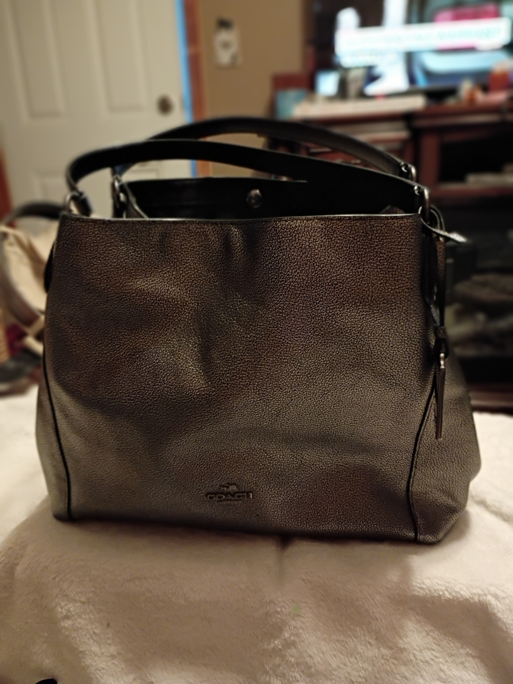 Coach Edie 31 Pebbled Leather Tote Bag in Metallic Gunmetal